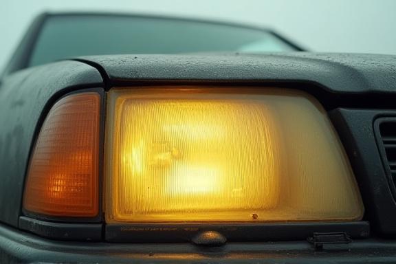 A foggy, yellowed car headlight