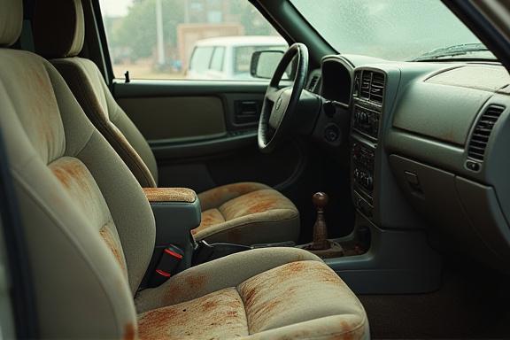 Dirty SUV interior with stained seats and dusty dashboard